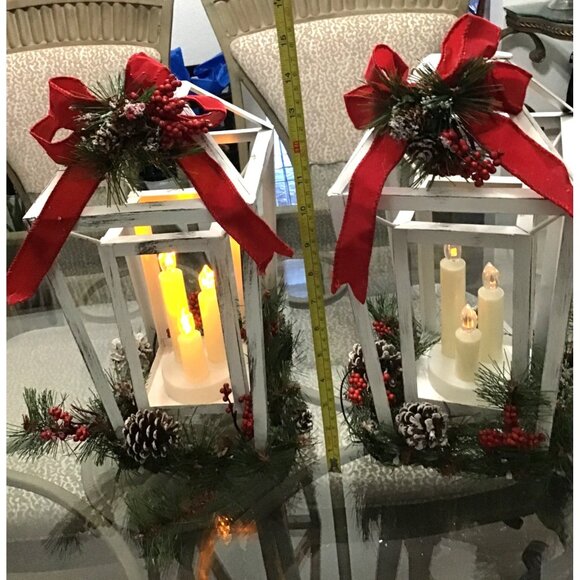 SET OF 2 - WHITE RUSTIC CHRISTMAS LANTERN CENTERPIECE BATTERY OPERATED - Picture 6 of 8